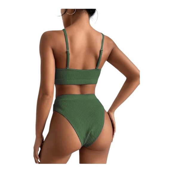 High Waisted Crop Top Ribbed Bikini Set New Army Green Size L - Picture 2 of 10